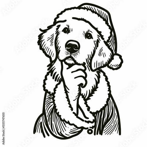Golden Retriever Dog wearing Santa Claus costumes hand on chin curious simple vector graphic; a festive pup contemplates Christmas treats.