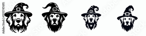 Golden Retriever Dog's face wearing a witch hat in Halloween vector graphic a cute canine celebrating autumn.