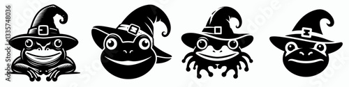 Frog's face wear witch hat in halloween vector illustration a simple monochrome doodle of an amphibian in spooky attire