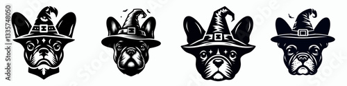 French Bulldog's face wear witch hat in halloween vector graphic a spooky minimalist doodle