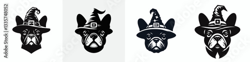 French Bulldog's head wear witch hat in halloween vector graphic simple minimalist silhouette a spooky autumn design