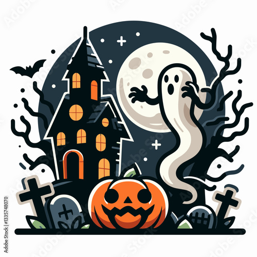 A Halloween scary story vector outline drawing depicts a spooky minimalist silhouette doodle of a haunted house, a chilling tale of fright.