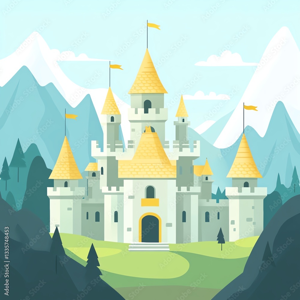 A whimsical castle set against majestic mountains, featuring golden rooftops and a tranquil landscape. A whimsical castle set against majestic mountains, featuring golden rooftops and a tranquil landscape.