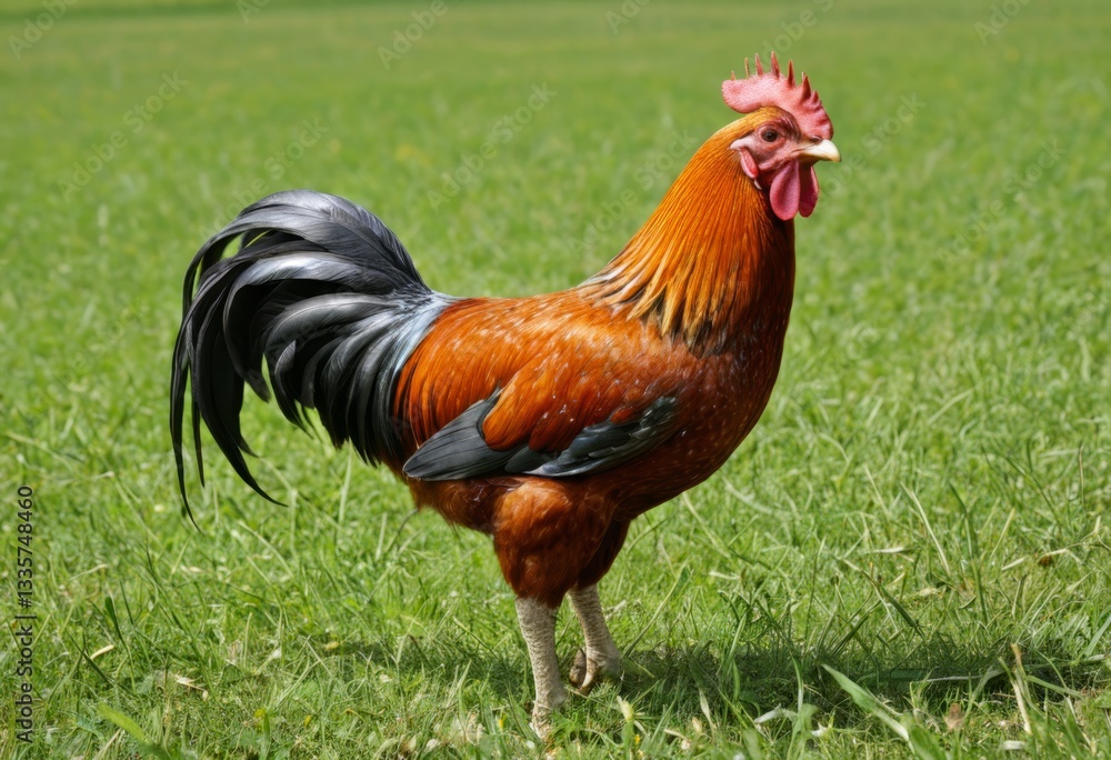 The rooster stood on a meadow with a red comb The rooster stood on a meadow with a red comb