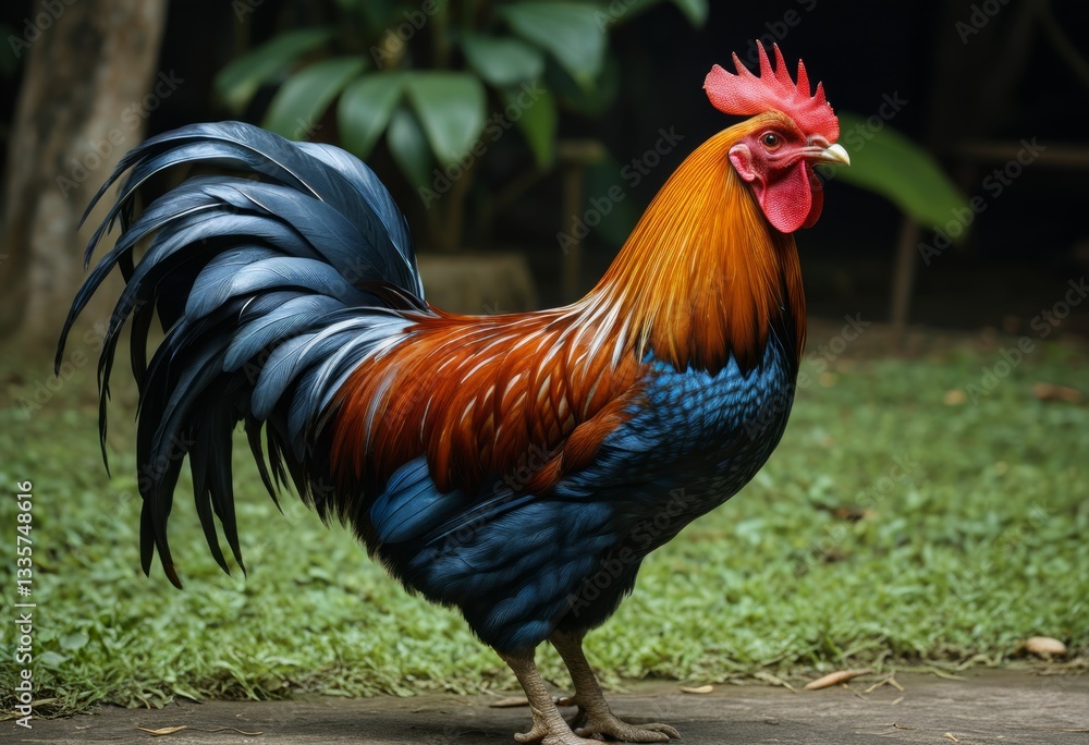 Fototapeta premium The rooster stands on the pavement in the grass against a background of trees