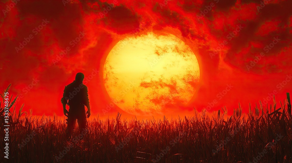 Fototapeta premium Silhouette figure stands in a field during a fiery sunset