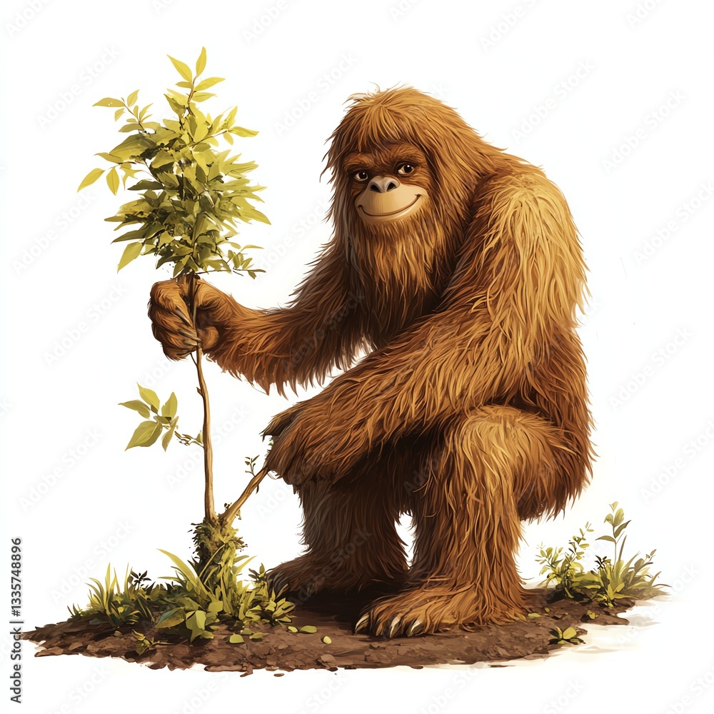 Obraz premium A whimsical creature tending to a young plant, showcasing the harmony between nature and mythical beings.