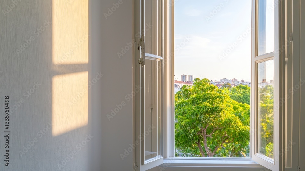 Sunlight Through Open Window Frame White Wall Shadow Green Trees Cityscape View Sunlight Through Open Window Frame White Wall Shadow Green Trees Cityscape View