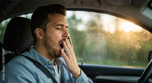 Sleepy driver yawning while driving a car, feeling drowsy and fatigued due to exhaustion and lack of sleep.