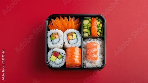 Artful sushi bento box on a deep red background