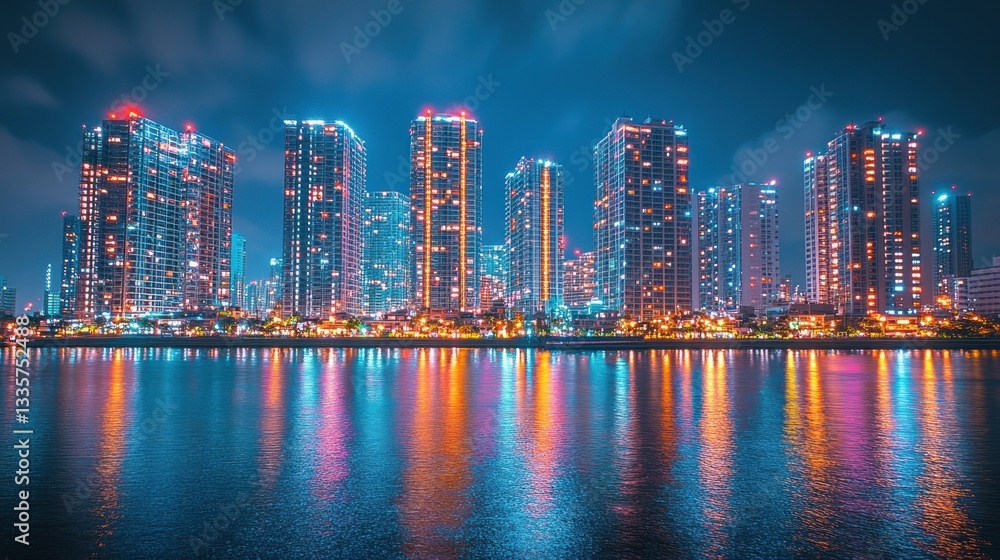 Naklejka premium Night Cityscape: Vibrant Towers Reflecting on Calm Waters
