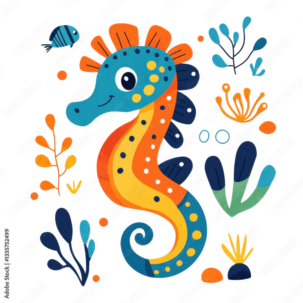 Fototapeta premium isolated transparent Background. Cute seahorse illustration with vibrant colors and marine elements