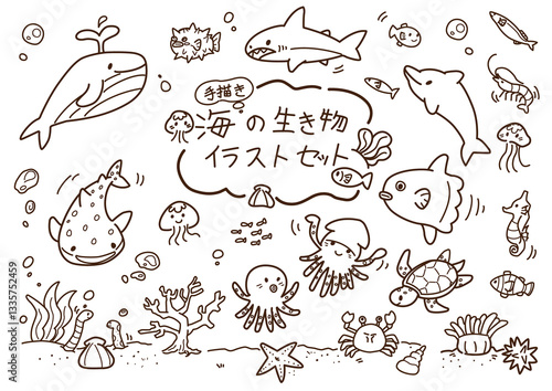 海の生き物セット　手描き　線画　透過png