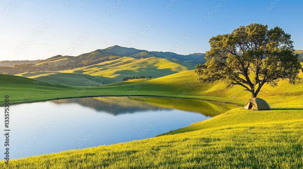 Obraz premium Scenic Lakeside Camping with Tent Under a Tree Among Rolling Green Hills