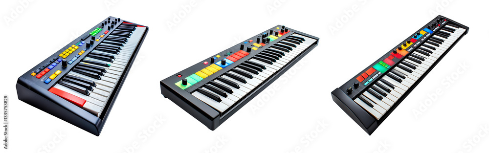 Fototapeta premium Collection of professional electronic keyboard synthesizers with colorful keys and control features isolated on a white or transparent background.