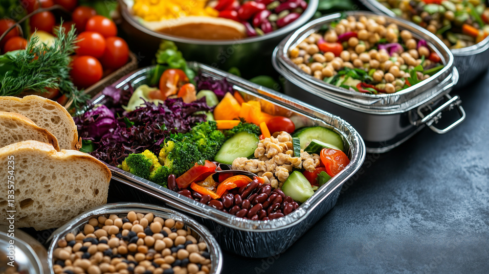 Overhead View of Healthy Vegetarian Lunch Boxes with Fresh Ingredients Overhead View of Healthy Vegetarian Lunch Boxes with Fresh Ingredients