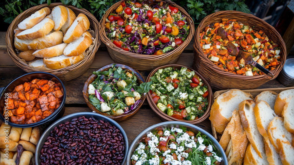 Fototapeta premium Overhead View of Healthy Vegetarian Lunch Boxes with Fresh Ingredients