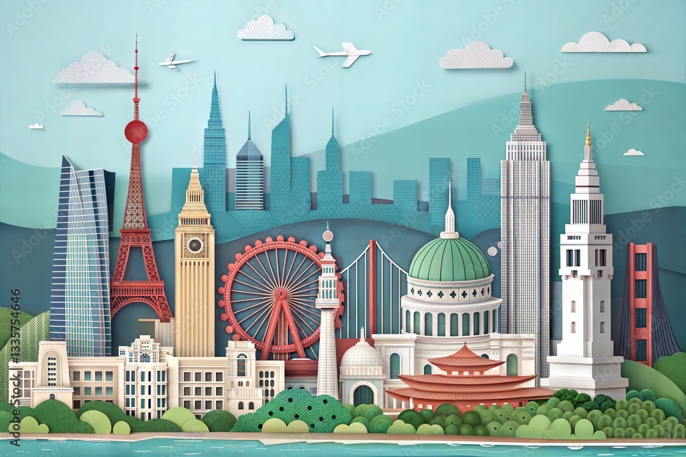 Fototapeta premium Panoramic view of a city skyline with famous landmarks in a paper-cut illustration style