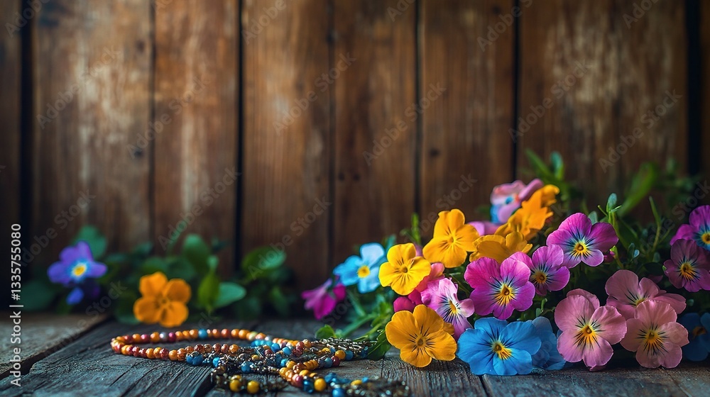 Fototapeta premium Rustic Still Life: Vivid blossoms adorn a weathered wooden surface, accompanied by a delicate beaded rosary. A heartfelt testament to simplicity, faith, and the transient beauty of life.