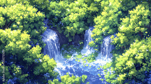 Lush forest waterfalls aerial view