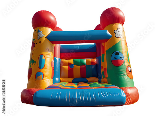 Big colorful bouncy castle, colorful inflatable bouncy castle toy isolated on white background, concept of children's playground, outdoor toy.