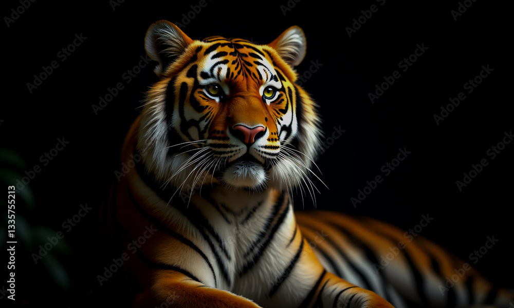 Obraz premium A majestic tiger gazes directly forward, its orange and black stripes vividly contrasted against a dark background. The powerful feline rests in a captivating portrait.