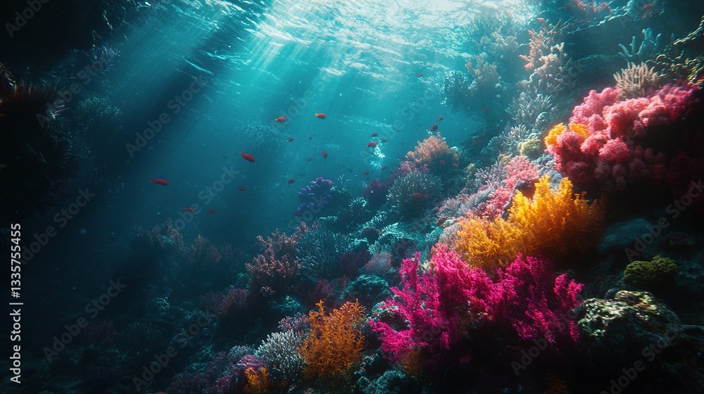 Fototapeta premium Underwater Coral Reef: Vibrant coral reef ecosystem teeming with marine life, bathed in sunlight, showcasing the beauty and diversity of the ocean's depths.