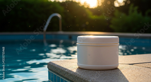 White container of pool treatment chemicals placed on the edge of a swimming pool during sunset, symbolizing water maintenance and sanitation.