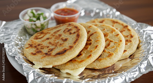 Freshly made Salvadoran pupusas filled with melted cheese, served on aluminum foil with salsa and curtido, a traditional Latin American dish.