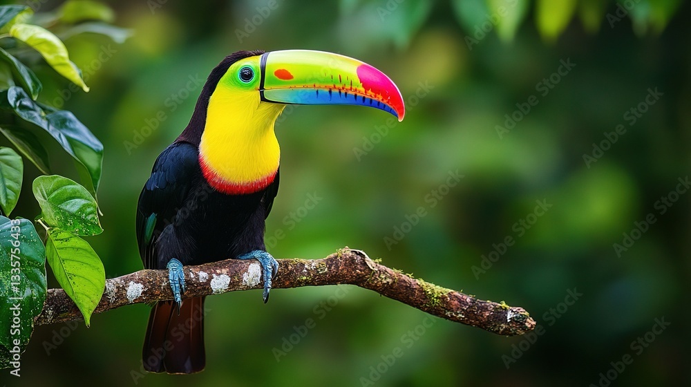 Obraz premium Rainbow-billed Toucan Perched: A stunning rainbow-billed toucan with vibrant plumage perches gracefully on a branch, showcasing nature's artistry. Against a backdrop of verdant leaves.