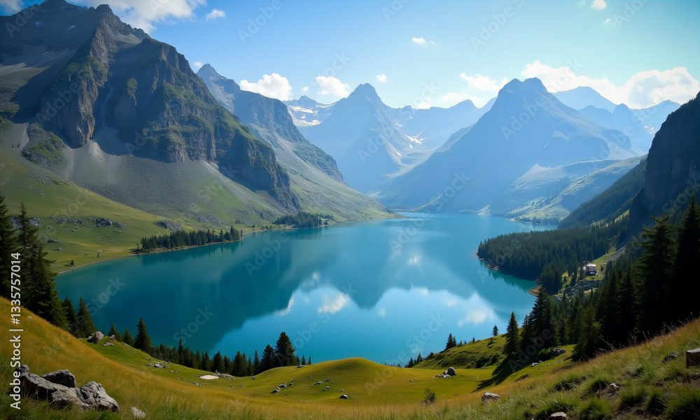 Fototapeta premium Turquoise lake reflects the sky, surrounded by green meadows and forests. Majestic mountains rise in the background of this scenic landscape.
