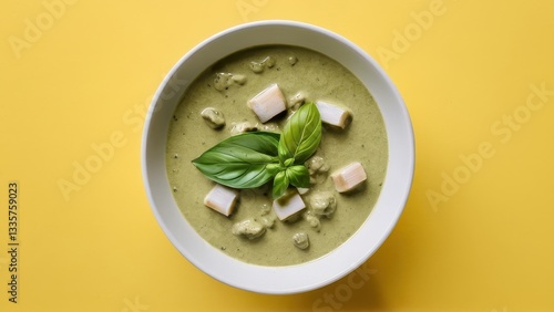  A vibrant top-view of Thai green curry bathed in a rich coconut sauce with fresh basil. Thai