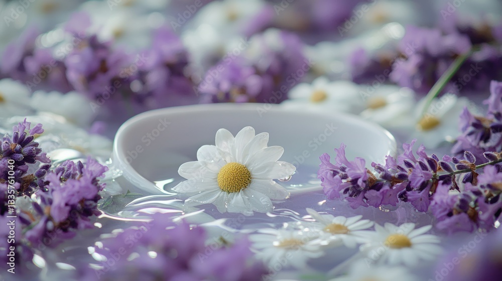 A calming blend of chamomile and lavender flowers arranged together in a spa setup. A calming blend of chamomile and lavender flowers arranged together in a spa setup.