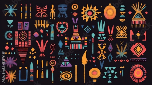 African tribal symbols Abstract geometric shapes doodle decoration set. Ethnic boho elements collection. Colorful mayan hand drawn design