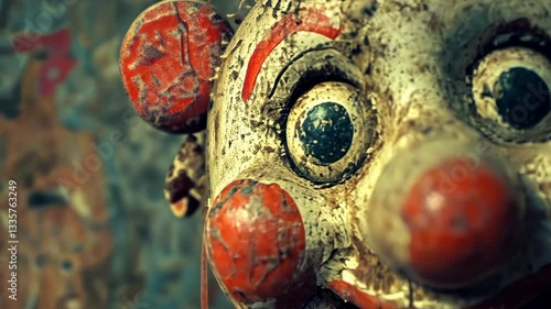 Vintage clown figurine with weathered paint and an eerie expression in an abandoned fairground