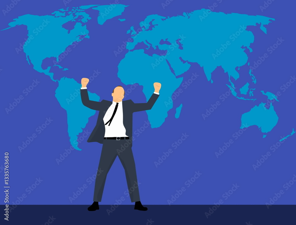 businessman leading in powerful stance against map of the world businessman leading in powerful stance against map of the world