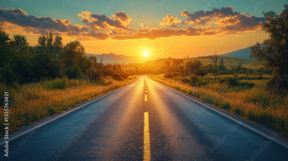Naklejka premium Sunset Road Trip: Golden Hour on the Open Road