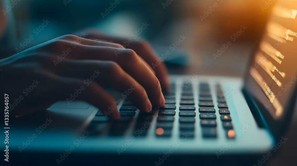 A close-up of hands typing on a laptop keyboard, illuminated by soft lighting, suggesting a focused work or creative environment. A close-up of hands typing on a laptop keyboard, illuminated by soft lighting, suggesting a focused work or creative environment.