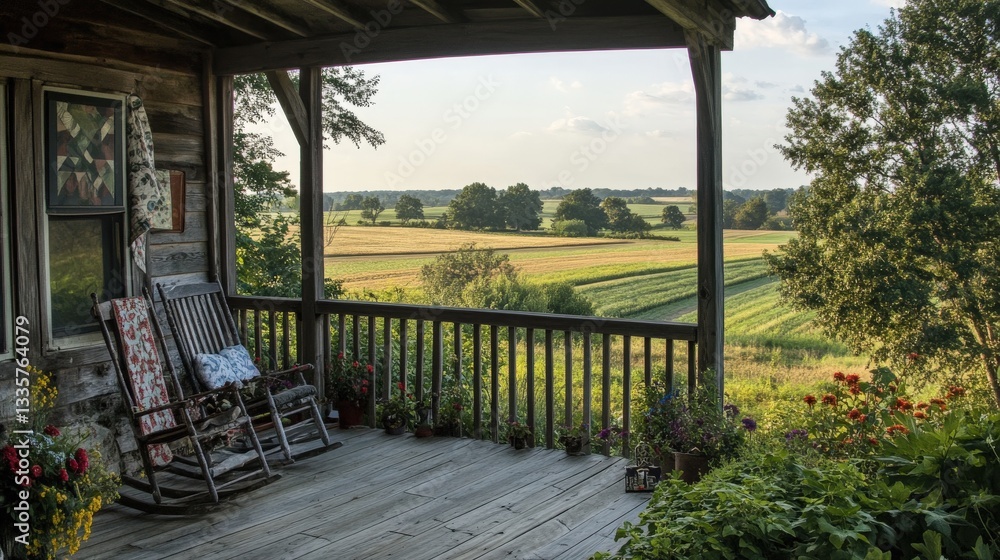 Fototapeta premium A comfortable porch overlooking a rural landscape with trees