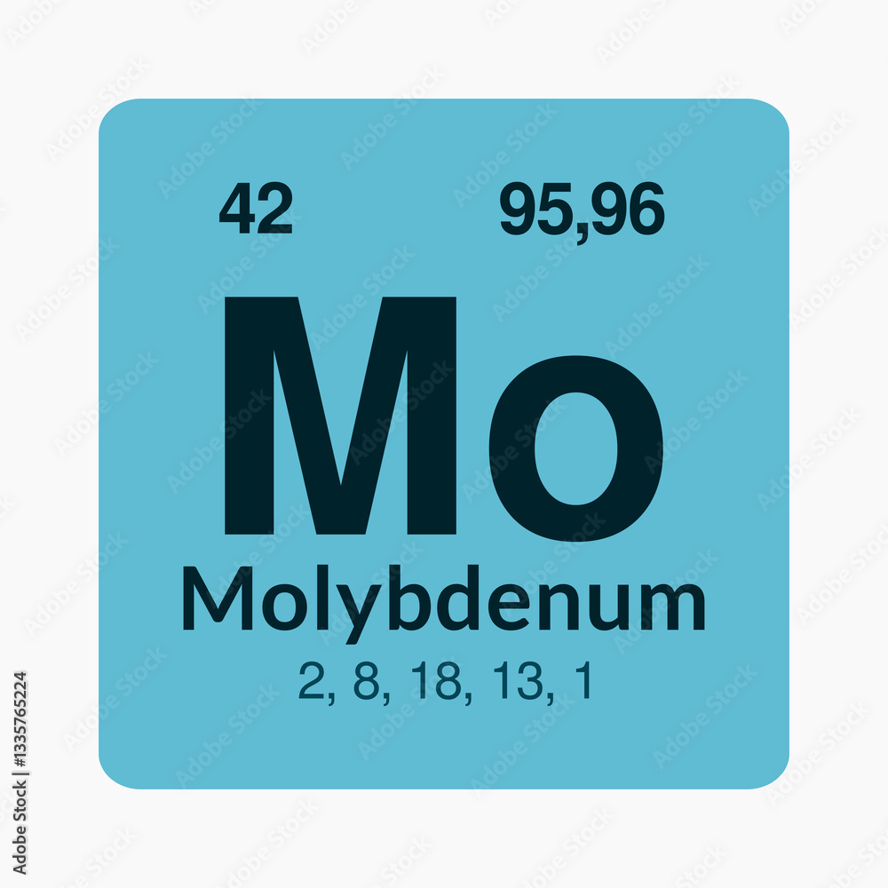 Molybdenum icon on the periodic table under the Transition metals subcategory. Molybdenum icon on the periodic table under the Transition metals subcategory.