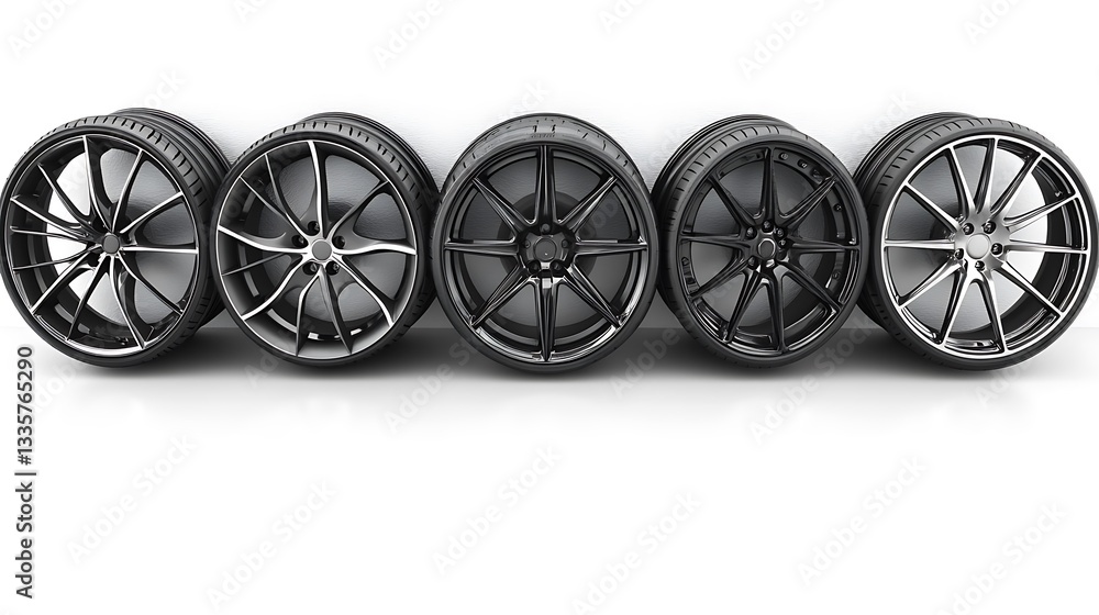 Five stylish alloy wheels with tires. Five stylish alloy wheels with tires.