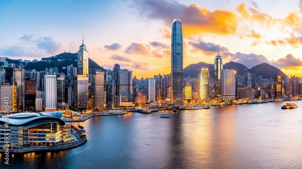 Fototapeta premium Vibrant City Skyline at Sunset Over Harbor