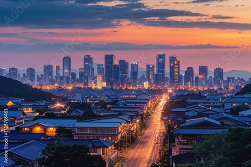 Lively Evening Panorama of Sendai Town Skyline with Warm Hues