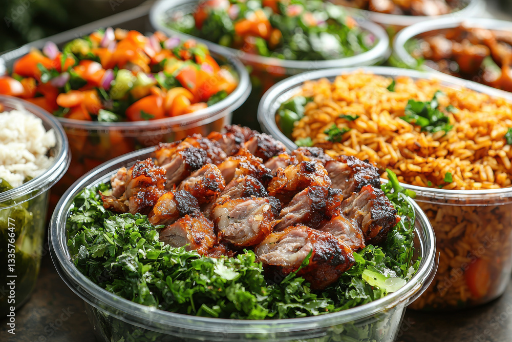Grilled meat served with fresh greens and vibrant side dishes in bowls Grilled meat served with fresh greens and vibrant side dishes in bowls