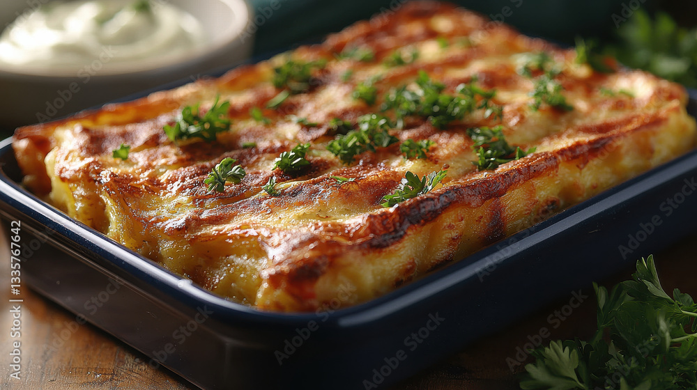 Golden baked lasagna topped with fresh parsley in blue dish Golden baked lasagna topped with fresh parsley in blue dish