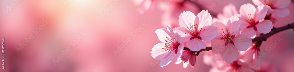 Close-up of delicate pink cherry blossoms in sunlight, sakura, spring, beauty Close-up of delicate pink cherry blossoms in sunlight, sakura, spring, beauty