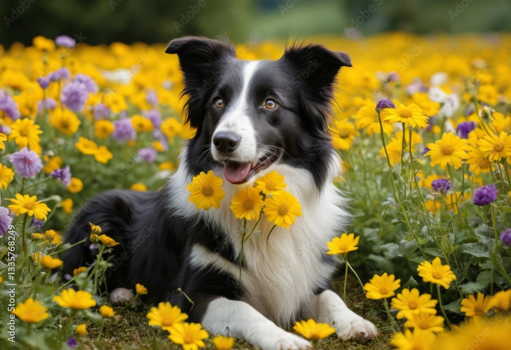 Fototapeta premium There's a dog lying in the grass with flowers