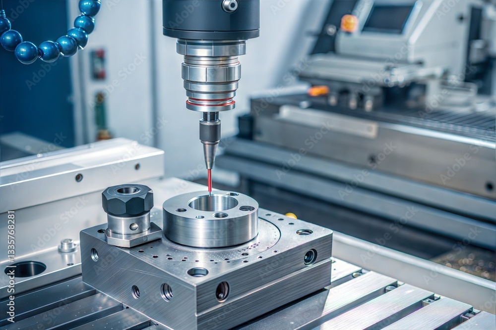 Precision inspection probe measuring dimensions for quality control in a CNC machine process Precision inspection probe measuring dimensions for quality control in a CNC machine process