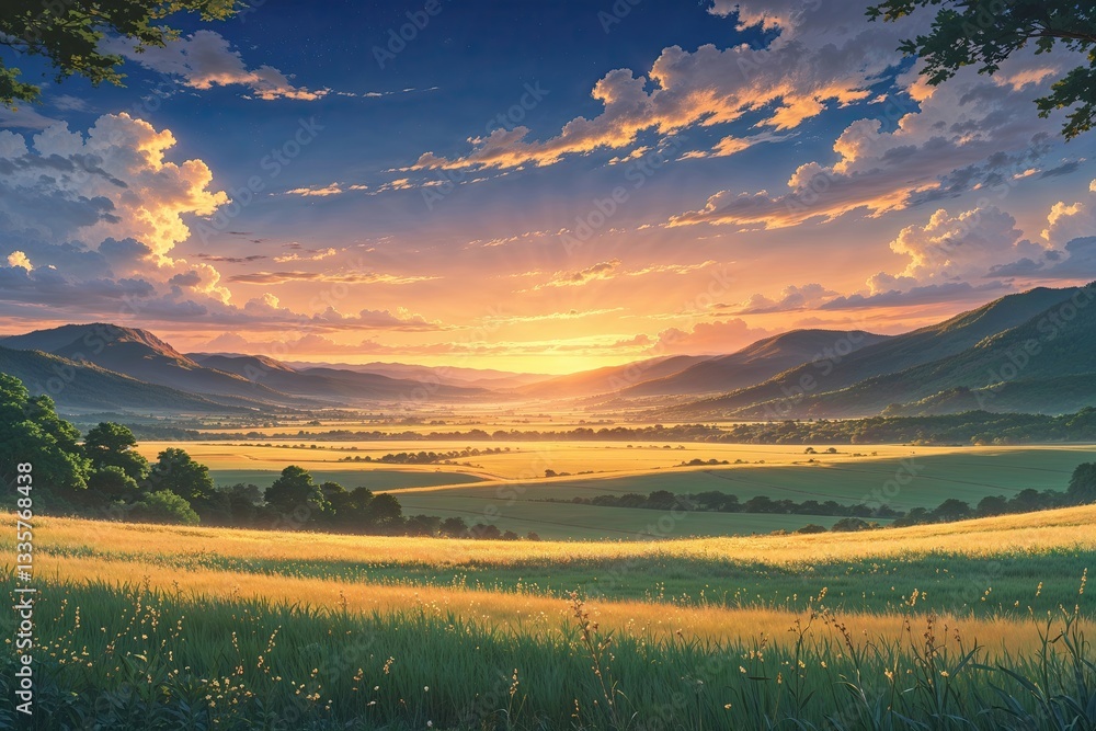 Obraz premium Gleaming Plains at Dusk: Anime Artwork Highlighting Landscape Serenity and Warm Colors