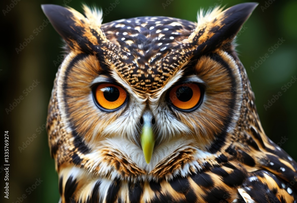 There is a close-up of an owl with orange eyes There is a close-up of an owl with orange eyes